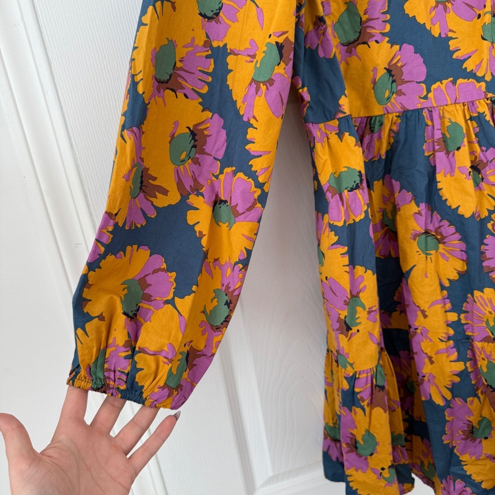 Hudson & Bay Floral Print Mini Dress Long Sleeve Square Neck Casual Boho Funky - Picture 2 of 10